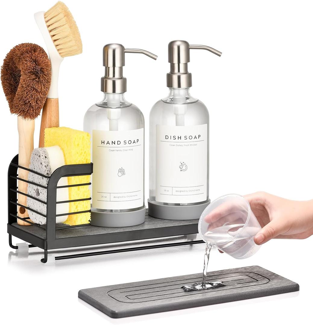 Kitchen Soap Dispenser Set with Drying Tray  16oz Glass Bottles with Stainless Steel Pumps, Black Sink Organizer Caddy with Brush Holder & Non-Slip Feet  All-in-One Dish & Hand Soap Station