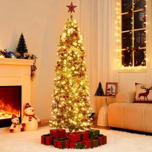 6ft Snow Flocked Artificial Pencil Christmas Tree, Unlit Slim Xmas Tree with Pine Cones, PVC Branch Tips Metal Stand, for Indoor Holiday Home/Office Decor
