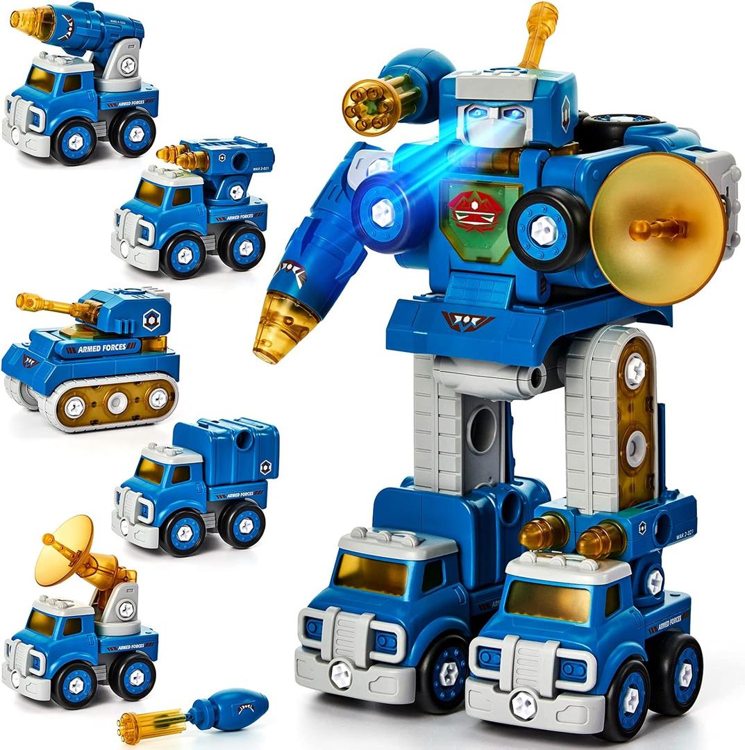 hahaland Toys for 5 Year Old Boy Birthday Gift, Stem Boys Toys 6 Year Old Boy Gifts, 5 in 1 Building Take Apart Trucks Transform to Robot Kids Ages 5-8, Montessori Creative Educational Drill Screw Set