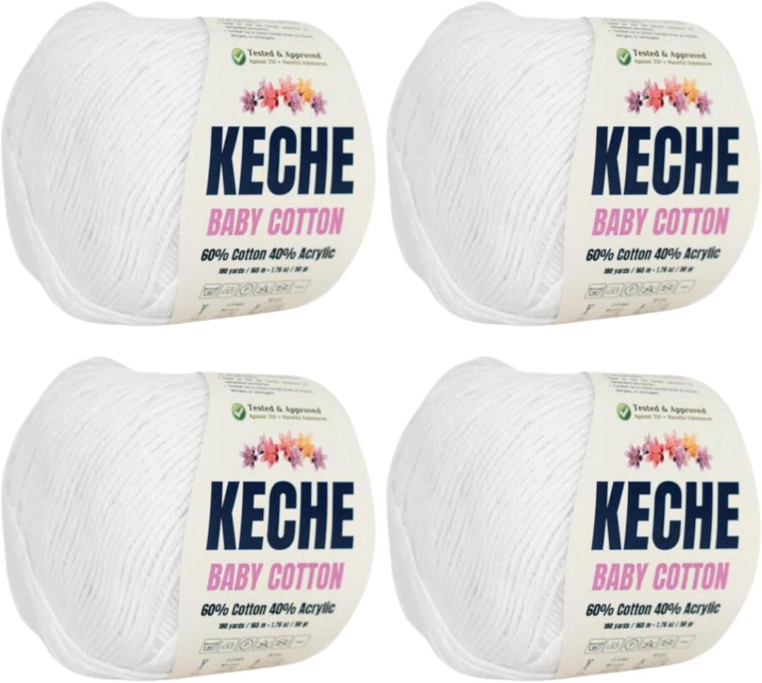 Keche Cotton Yarn, 60% Cotton 40% Acrylic Yarn, Soft Cotton Yarn for Crochet and Knitting, Amigurumi Yarn 4 Skeins/Balls [1.76 Oz (50g) / 180 Yrds (165m)]  4 Pack - White