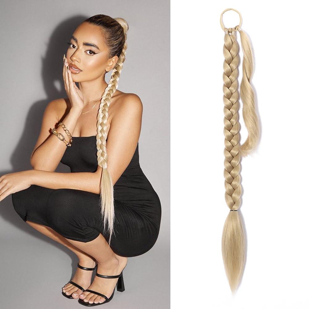 Blonde Ponytail Extension with Hair Tie, Braided Ponytail Extension for Women Long Straight Hair 32 inch Synthetic Hair Pieces Sleek Wrap Around Hair Extensions Braids Hair Pony tail 24#