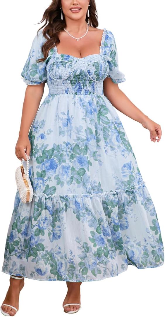 Women's Plus Size Floral Maxi Dress Puff Sleeves Cottagecore Corset Dresses Flowy Smocked Formal Casual Party Wear (Large, Blue)