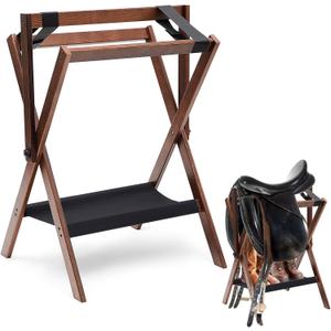 Leinuosen 1 Pack Pine Wood Saddle Rack Portable Folding Horse Saddle Stand 20" L x 17" W x 30" H Storage Pad Rack Blanket Display Holder for English Western Horse Gear Tack Organizers (Vintage Brown)