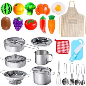 28Pcs Pretend Play Kitchen Toys, Kitchen Playset Cooking Toys Set with Stainless Steel Cookware and Accessories for Kids Toddlers Girls Boys