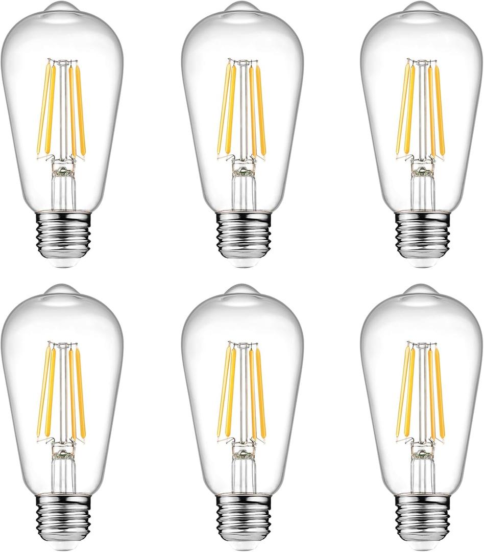 Ascher Vintage LED Edison Bulbs 6W, Equivalent 60W Incandescent, Non-Dimmable, Warm White 2700K, ST58 Antique LED Filament Bulbs with 80+ CRI, E26 Medium Base, Clear Glass, 6-Packs