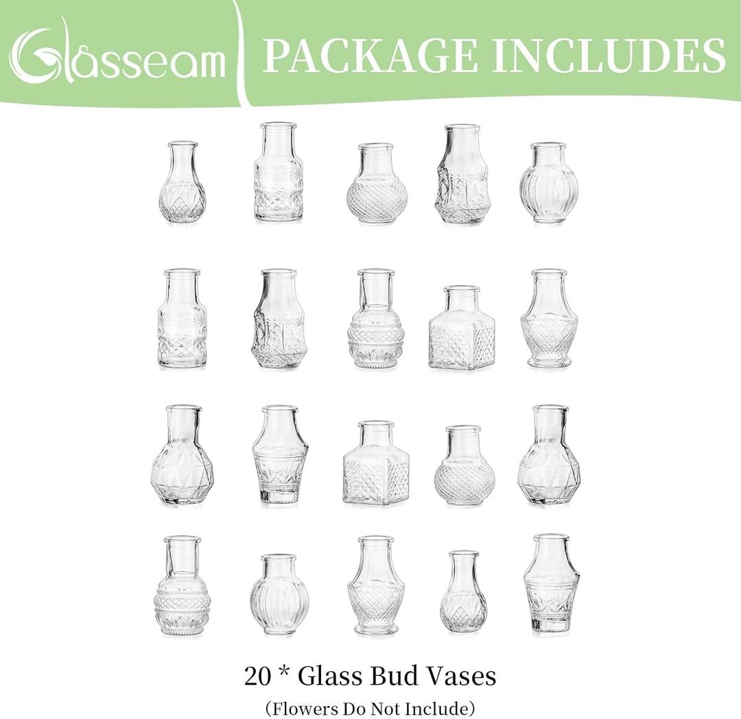Glasseam Small Bud Vases for Centerpieces: 20PCS Mini Clear Glass Vase Set for Flowers Decor Wedding Party Baby Shower Dining Table Decorations Centerpiece