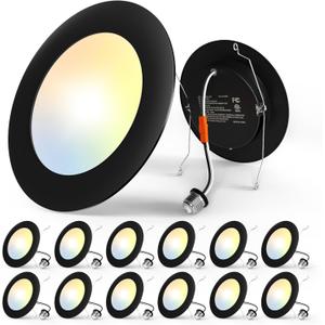 Amico Recessed Lighting 5/6 Inch, 12 Pack 5CCT Flat LED Can Lights, 2700K/3000K/4000K/5000K/6000K Selectable,12W Eqv 110W, 1050LM Brightness, Retrofit Installation - ETL & FCC, Black