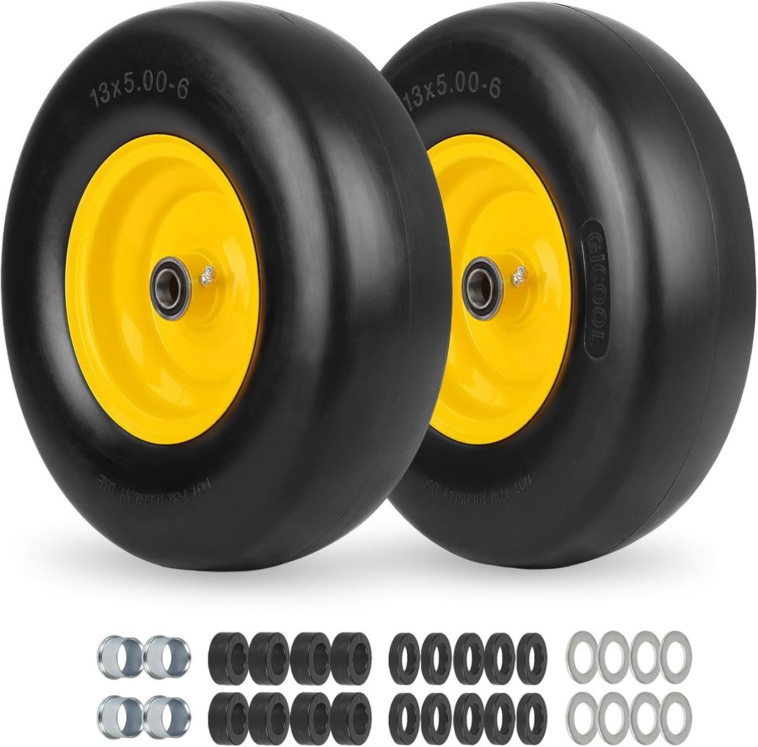 13x5.00-6 Flat Free Lawn Mower Tire and Wheel, Smooth Tread Tire for Lawnmower, Bearing Bore Hole 3/4" & 5/8, 3.25"-5.9" Centered Hub, 2 PCS