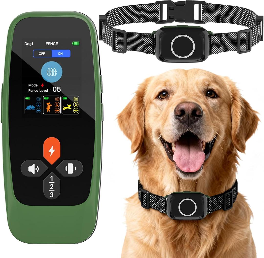 KITPLUS Wireless Dog Fence System: Electric Fence for Dogs 4-in-1 Dog Training Collar with Remote, Bark Control, Status Monitor Waterproof Electric Fence for Medium Large Dogs Outdoor Use