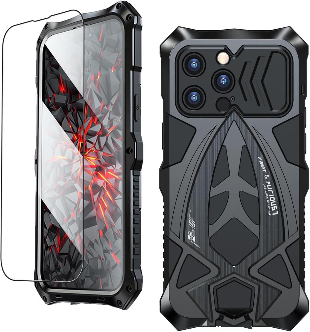 Armor Phone Case for iPhone 15 Pro Military Grade Drop Tested 360 Full Protection Cover Heavy Duty Hybrid Metal Bumper Built-in Silicone Shockproof Dustproof with Screen Protector - Black