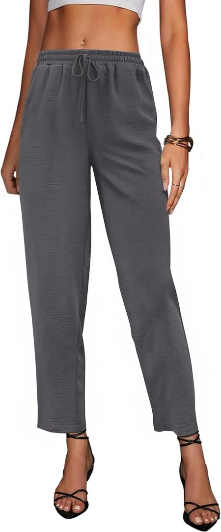 Womens Linen Palazzo Pants Summer Straight Leg Drawstring Elastic Waist Casual 2025 Trouser with Pockets (XX-Large, Grey)