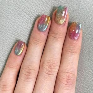 Cat Eye Press on Nails Medium Square Fake Nails with Colorful Gradient Designs Cute Nails Press ons Glossy Pink Acrylic Green False Yellow Stick on Nails for Women 24Pcs