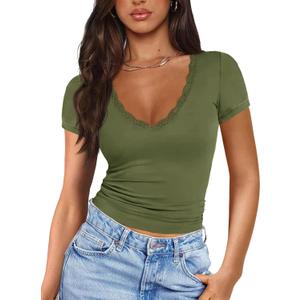 Imily Bela Womens Sexy V Neck T Shirts Summer Lace Short Sleeve Slim Fit Y2k Going Out Crop Tops (Green, XL)