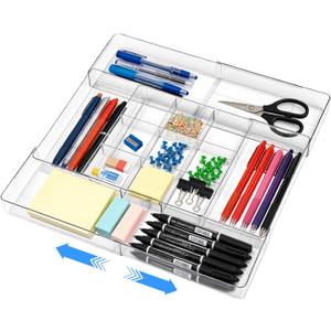 Expandable Desk Drawer Organizer, Expandable Storage Tray with Adjustable Compartments - Customizable Desk Organizer for Makeup, Utensils, Office Supplies, Junk Drawer & Bathroom, 10.6"D x 10.4"W x 2"H