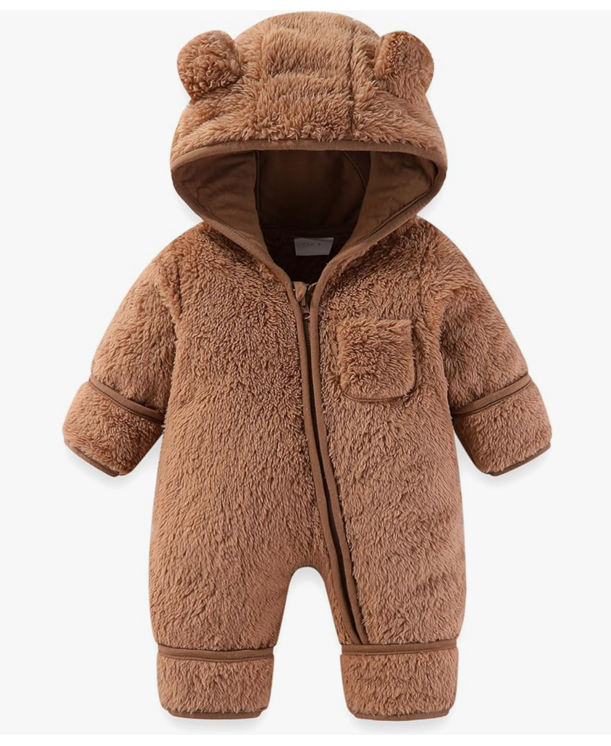 Newborn Baby Bear Outfit With Fold-Over Mittens and Footies Girls Boys Winter Fleece Clothes Hooded Romper Snowsuit