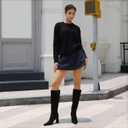 Meolee Knee High Boots for Women Chunky High Heel Long Boots Pointed Toe Leather Boots with Side Zipper (Black)