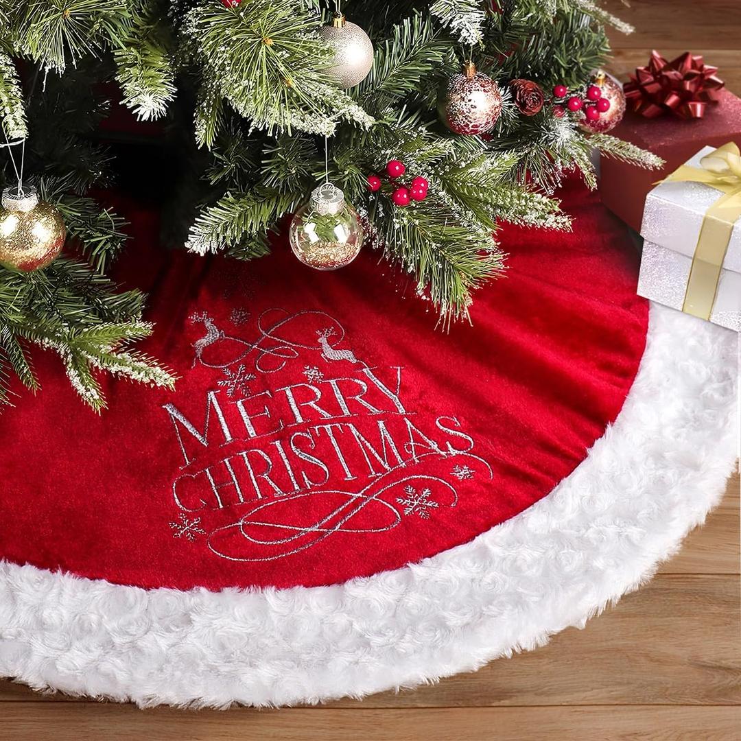 USILAND Christmas Tree Skirt, 48 Inches, Red Velvet with Deer Merry Christmas Embroidery, for Xmas Holiday Decorations Christmas Decor