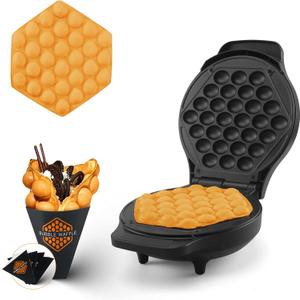 Compact Bubble Waffle Maker Machine with 10 Cardboard Cones, Electric Non Stick Hong Kong Egg Waffle Maker Iron, Recipe Included