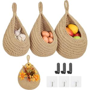 Boho Wall Hanging Fruit Baskets for Kitchen 3 Pack Woven Produce Holder with 6 Pcs Strong Hooks Vegetable Hanging Basket for Organizing Teardrop Home Wall Potato Onion Storage, Linen