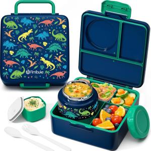 Fimibuke Bento Box for Kids Adult with Thermos, 3-4 Compartment 60OZ Toddler Lunch Box Container with Leakproof 8OZ Insulated Food Jar, Sauce Jar, Utensil for School Boy Girl, BPA-Free Dishwasher Safe (B5.Jungle Dinosaurs)