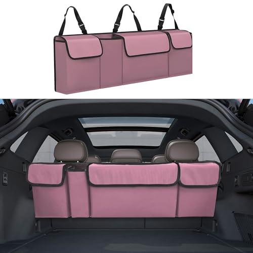 Tioollev Car Trunk Organizer, Backseat Hanging Large Storage with Adjustable Straps,Waterproof PVC Collapsible Cargo Bag, Car Interior Accessories for Auto SUV MPV (Pink)