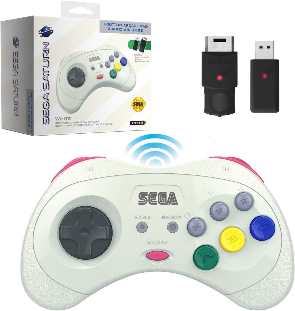 Retro-Bit Official Sega Saturn 2.4 GHz Wireless Controller for Sega Saturn, Sega Genesis Mini, Switch, PS3, PC, Mac - Includes 2 Receivers & Storage Case (White)
