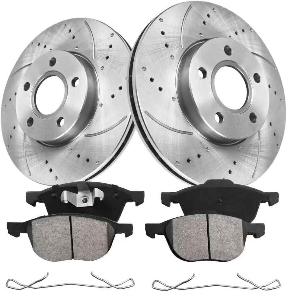 Brake Pads And Rotors Kit Compatible With 2012-2018 Ford Focus, 2013-2018 Ford C-Max, Front Automotive Replacement Brake Kits 54181 D1044-7947 Drilled And Slotted Rotors 278mm(10.9in)