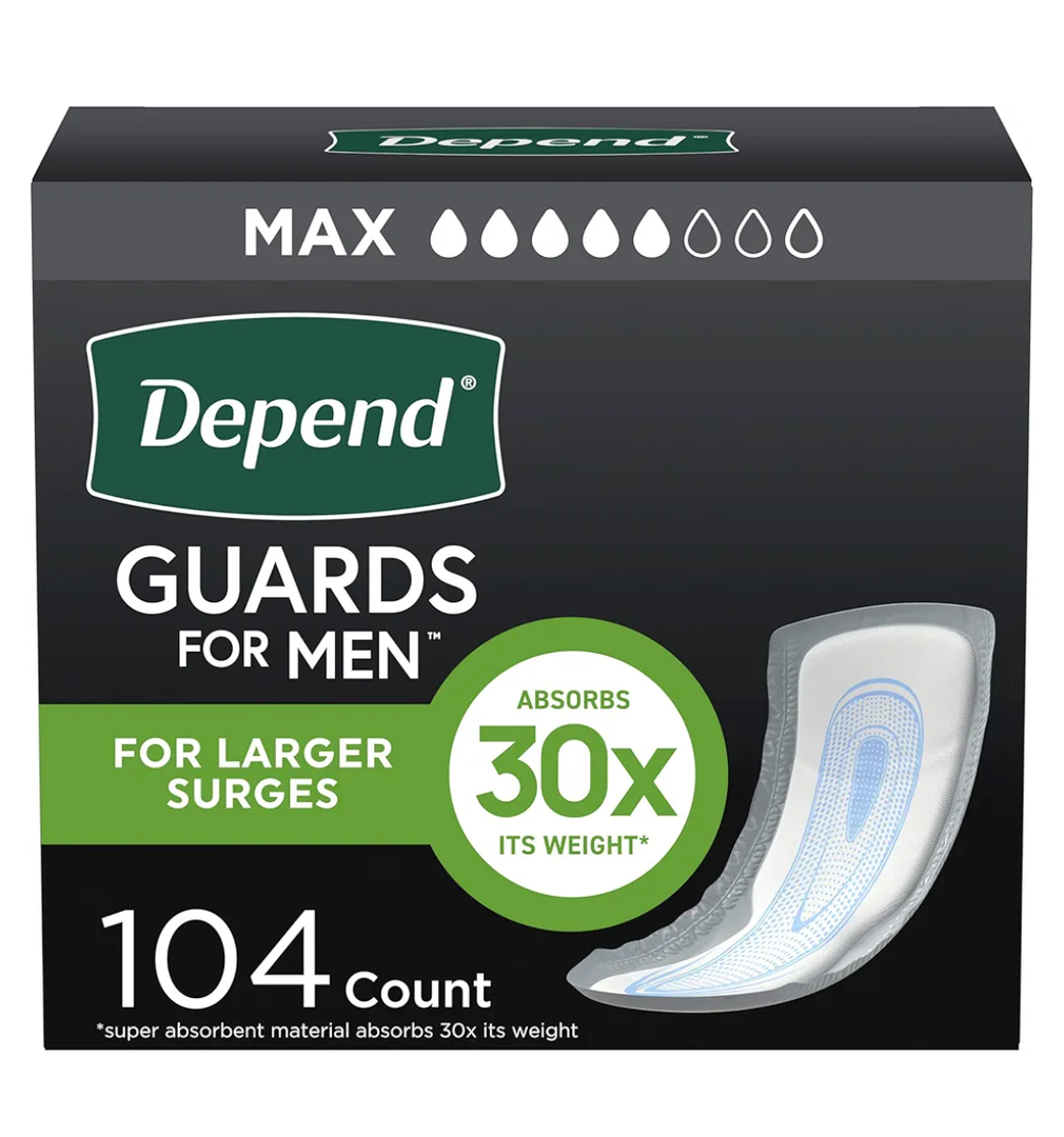 Depend Guards Incontinence Pads for Men, Maximum Absorbency, 104 Count (2 Packs of 52)