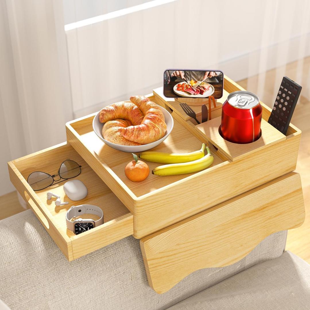 Couch Cup Holder Tray, 7-in-1 Couch Arm Tray, Sofa Clip-On Side Table with Push-Pull Drawer to Organize and Store Small Objects, 360Swivel Phone Holder, for Drinks, Cups, Snacks, Remote (Natural Pine Wood)