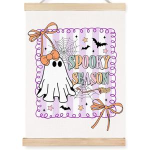 FDHSPAAM Coquette Bow Halloween Ghost Wall Art Decor, Preppy Halloween Decor, Spooky Season Cute Ghost Bats Spider Web Wall Art Posters for Girls Room Bedroom Dorm Apartment, 12x16 Inch (Ghost and Letters)