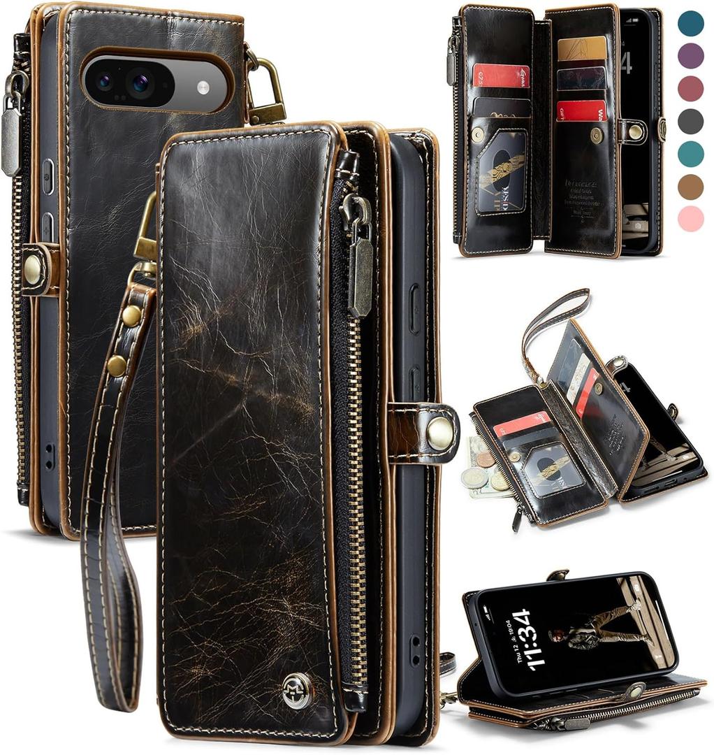 Defencase Compatible with Pixel 9/Pro Case, RFID Blocking Wallet Case Fit for Google Pixel 9 & 9 Pro Soft PU Leather Magnetic Snap Flip Zipper Strap Card Holder Phone Case for Women Men, Coffee