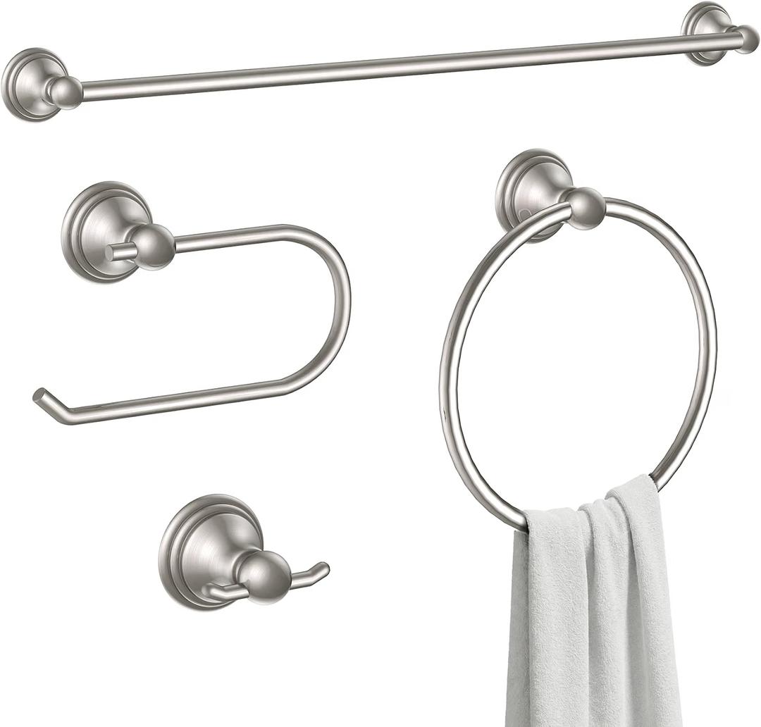 Formosa Design Hardware Classic 4-Piece Bathroom Accessories Set, 24-inch Towel Bar, Toilet Paper Holder, Towel Ring, and Robe Hook, Durable Zinc Alloy & Stainless Steel, (Brushed Nickel Finish)