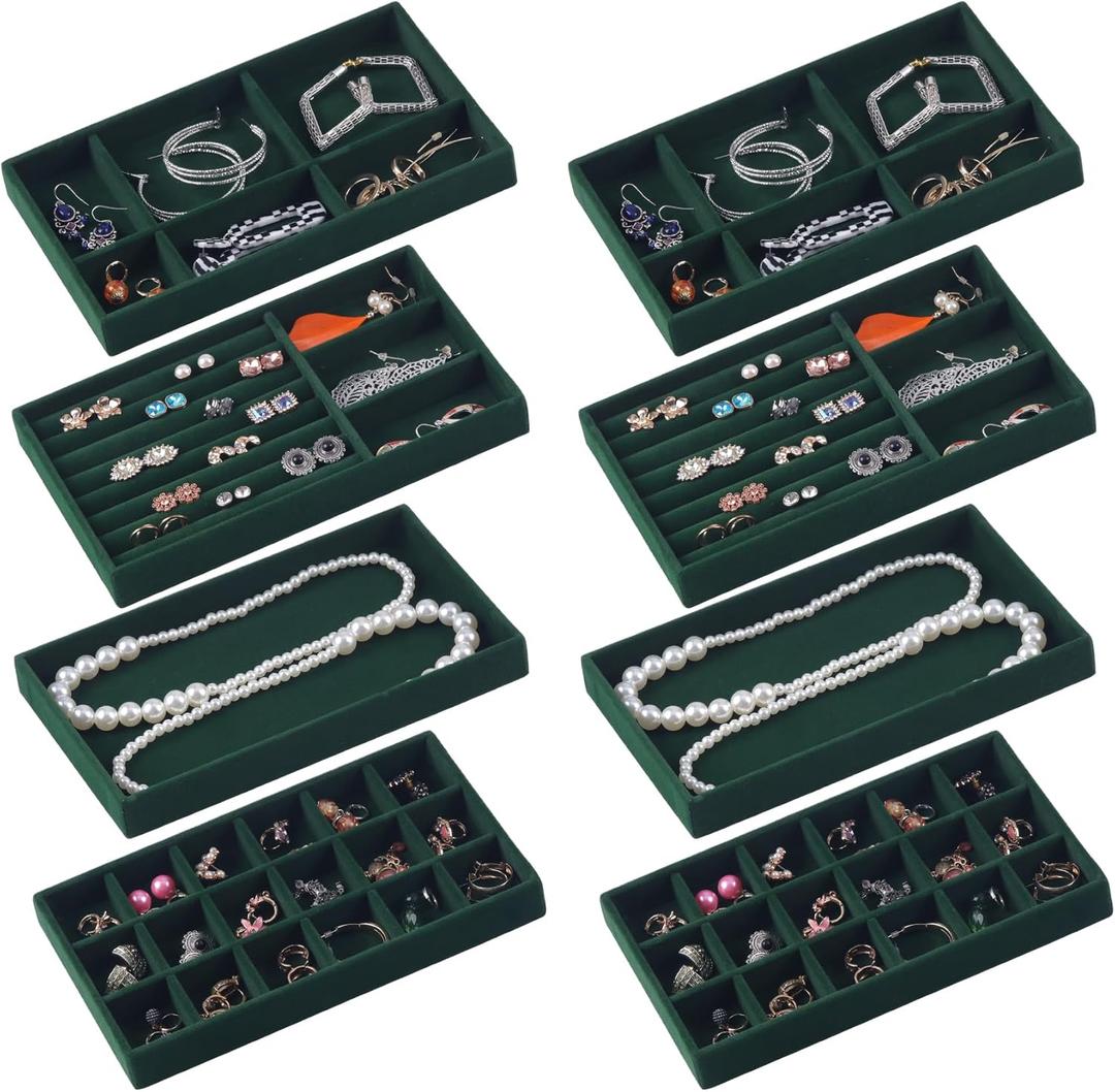 Jewelry Trays,Velvet Stackable Organizer Trays,Drawer Inserts Jewelry Display Case For Rings Stud Necklaces Earring Organizer Tray for Women Girls-8 Pack (Green)
