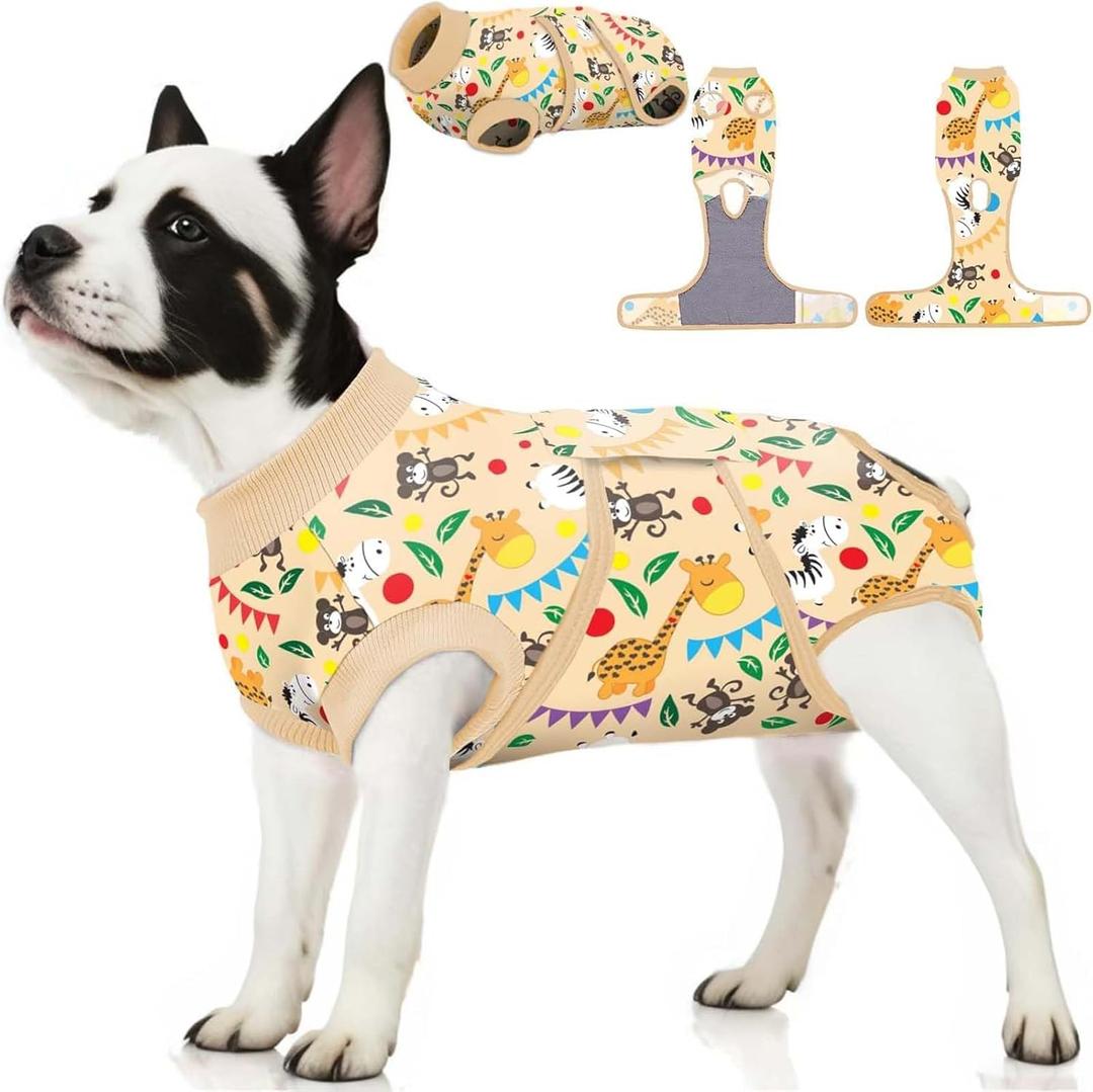 PetWarm Dog Recovery Suit, Substitute E-Collar Cone Prevent Licking Onesies for Dogs, Dog Surgery Recovery Suit, Female Male Onesie for Dogs Spay Neuter, Zoo Pattern, Yellow, S (Small (Back:11.4-13.4'', Weight:7-15LB))