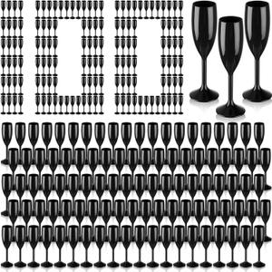 Domensi 100 Pcs Champagne Flutes Bulk 6 oz Acrylic Goblet Glasses Toasting Drinking Unbreakable Plastic High Stem Champagne Cups for Wedding Christmas Birthday Party (Black)
