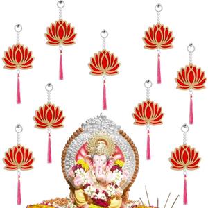 10 Pcs Lotus Decorations for Pooja Diwali Floral Wall Hanging Garlands for Temple Decor Indian Pooja Wood Decoration Back Dropper Showpiece for Diwali Home Wall Room Decor (Tassel Style)
