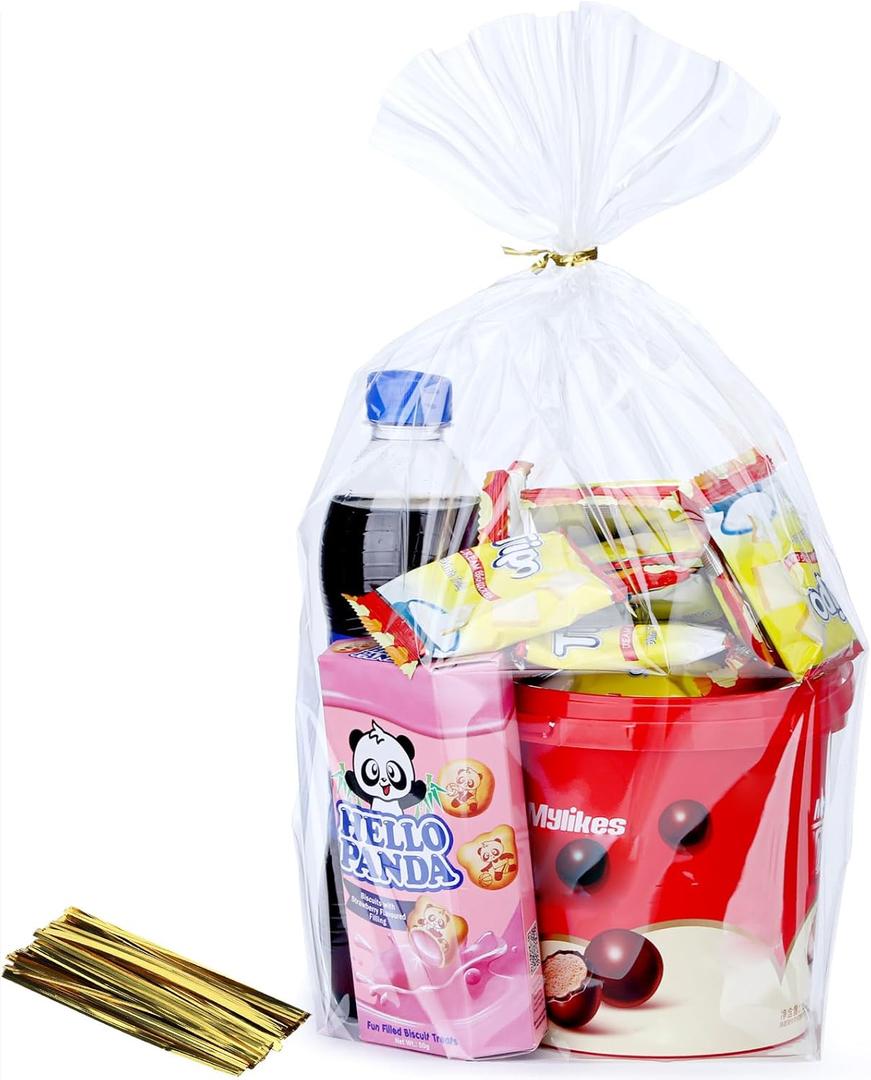 50Pcs 12X16 inch Bottom Gusset Bags Clear Cellophane Gift Wrap Wrapping Plastic Large Cello Bags for Party Favors Treats Mug with 5" Twist Ties