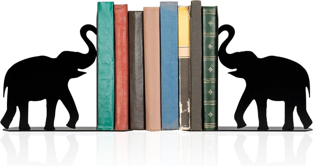 Metal Elephant Bookends Cute Animal Book Ends for Shelves Bookshelf Decorative Objects Home Office Desk Bookshelf Decor Elephant Lover Gifts for Family (Black)