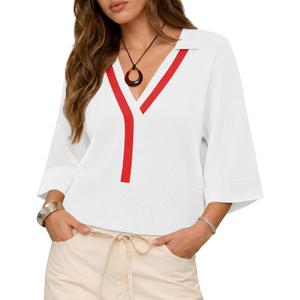 Saodimallsu Womens Short Sleeve Sweater Tops V Neck Collared Oversized Color Block Casual Summer Knit Polo Shirts
