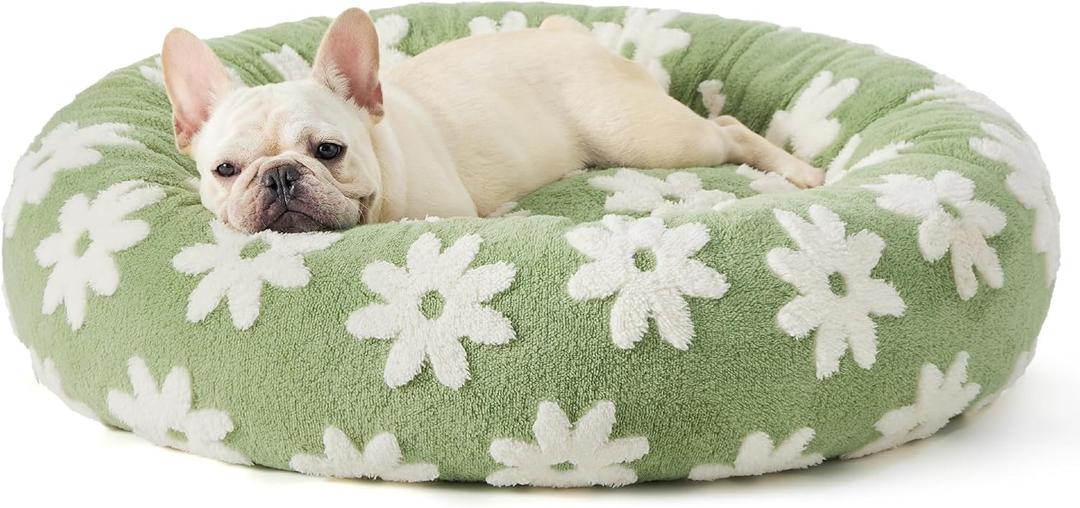 LE SURE Donut Medium Dog Bed - Round Cat Beds for Indoor Cats Calming Pet Beds, Cute Modern Beds with Jacquard Shaggy Plush & Anti Slip Bottom, 30 Inch, Green (Flower Garden Green)