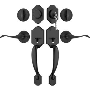 Haidms Matte Black Double Door Handle with Deadbolt, Black Front Door Lock Set, Heavy Duty Double Lock Door Handleset with Dummy, Double Front Door Hardware Set with Reversible Handle Lever