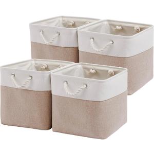 MidmmVick 13 x 13 Inch Cube Storage Bins, 4 Pack Large Collapsible Fabric Storage Bin with Ropes, Foldable Storage Cubes for Home, Office,Closet, Clothes, Toys Organizer (White & Beige)
