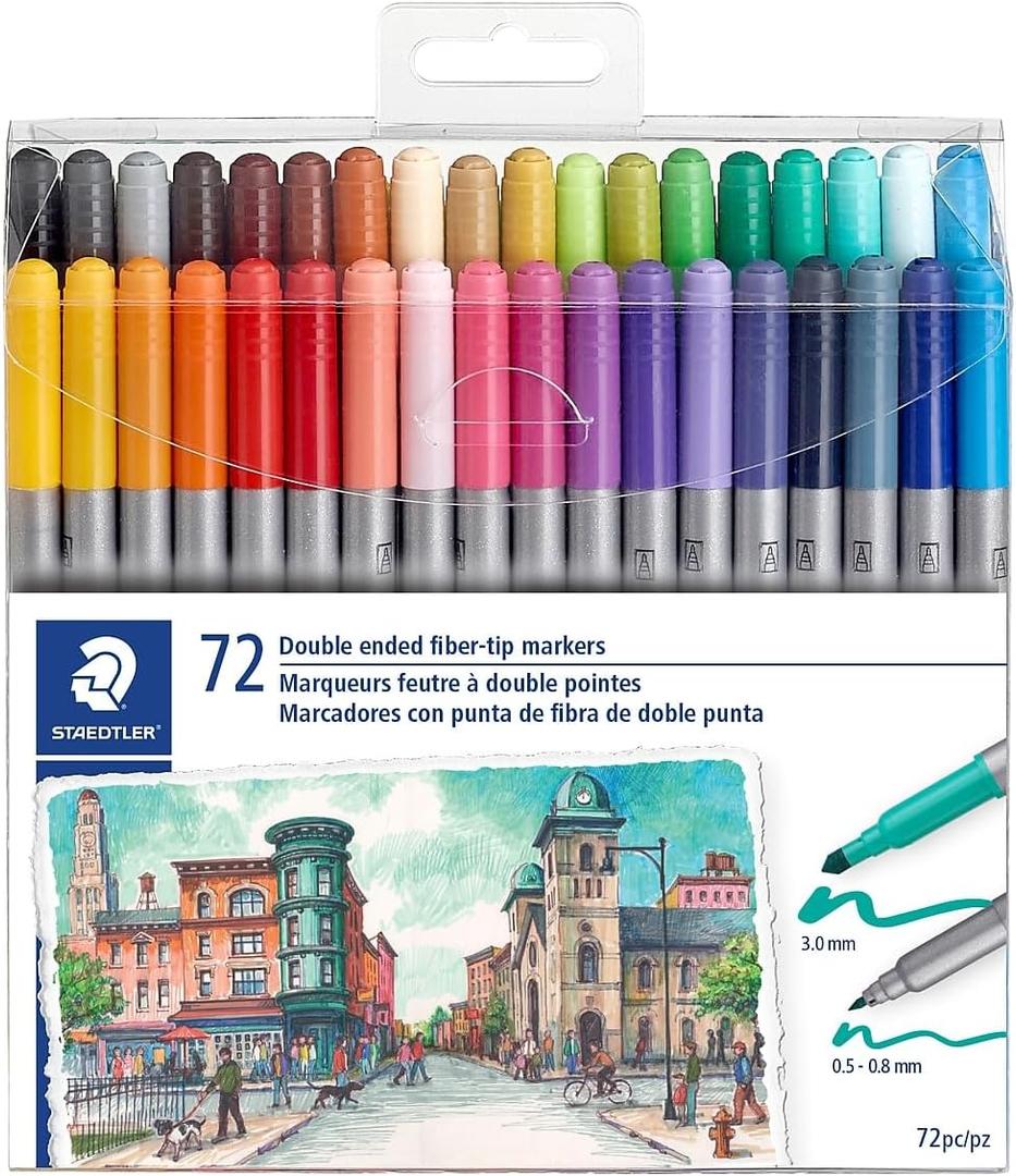 STAEDTLER 3200 TB72 Design Journey Double-Ended Fibre-Tip Pens with Two Nibs - Narrow and Wide, Pack of 72