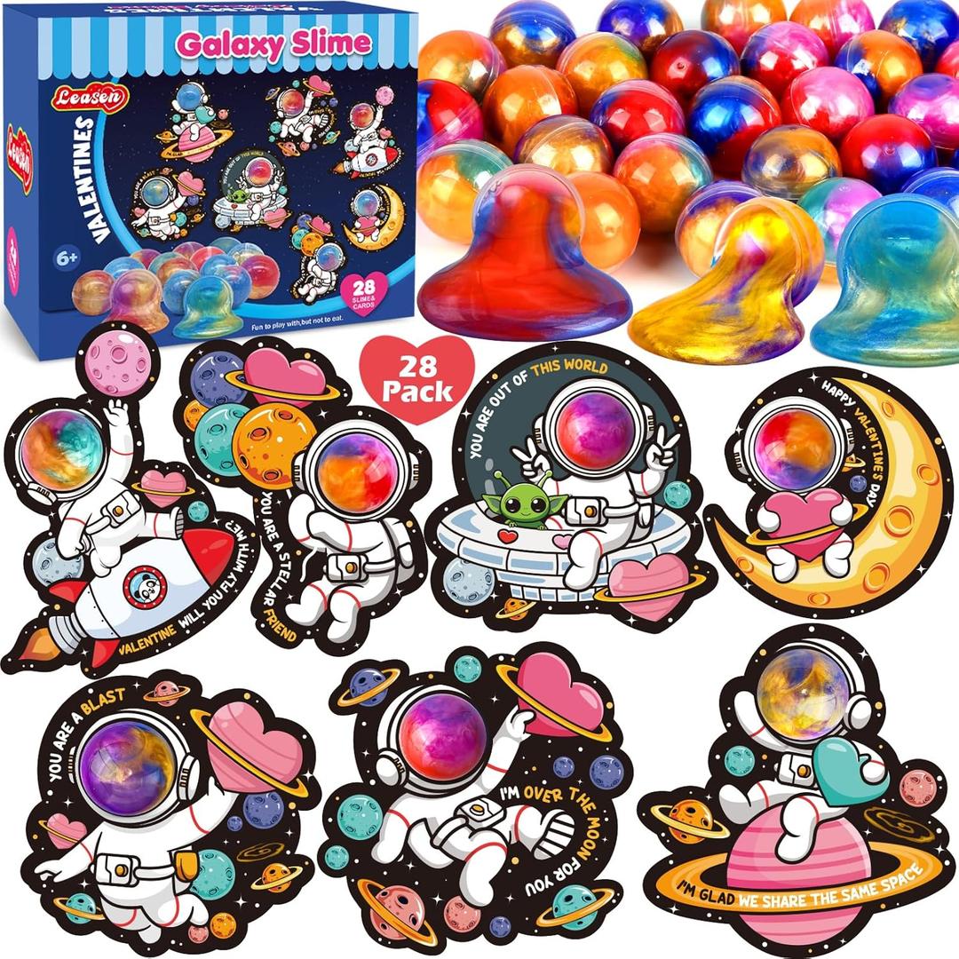 28 Pack Valentines Day Gifts for Kids, Galaxy Slime with Greeting Cards Stress Relief Fidget Set for Kids, Valentine's Day Classroom Exchange Prizes Valentine School Party Favor Gifts