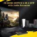 8K@60Hz 4K@120Hz HDMI2.1 Switch 4 in 1 Out with eARC,ARC Audio Extractor,7.1Ch,SPDIF 5.1Ch,48Gbps,HDCP2.3 Bypass,VRR,IR,3D,HDR 10,Dolby Atmos,Compatible with QLED TV,PS5,Xbox,Sonos Soundbar,Apple TV