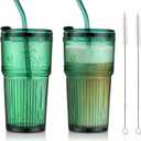 Joeyan Green Glass Tumbler with Lid and Straw,Embossed Iced Coffee Cups with Whale Pattern,Colored Striped Drinking Jars,Water Juice Beverages Soda Glasses,18.5 oz,Set of 2,Dishwasher Safe