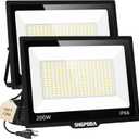 2 Pack 200W LED Flood Lights Outdoor, 24000LM Brighter Security Lights with Plug+10ft Cord, IP66 Waterproof, 5000K White Floodlight for Yard, Garden, Stadium, Playground, Arena