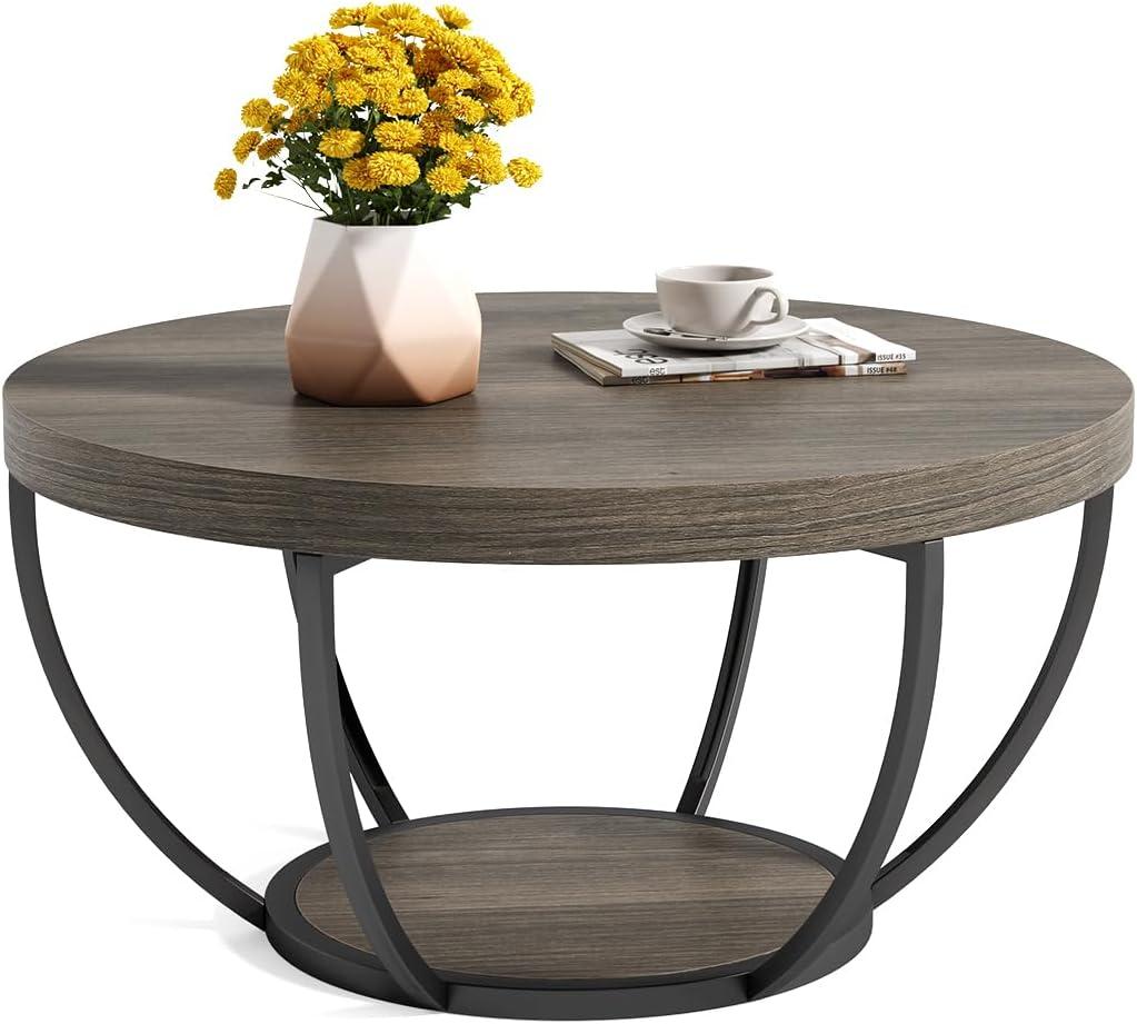 LITTLE TREE Round Coffee Table, 32" Circle Coffee Table for Living Room, 2-Tier Wood Accent Center Table with Open Storage Industrial Design Home Furniture (Grey and Black)