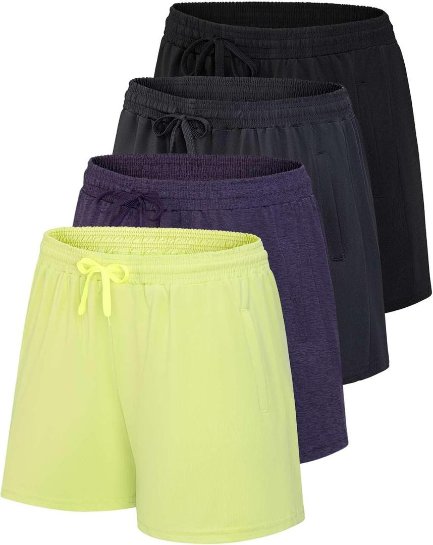Real Essentials 4 Pack: Womens Athletic Dry-Fit Lounge Shorts with Zipper Pockets (Large)