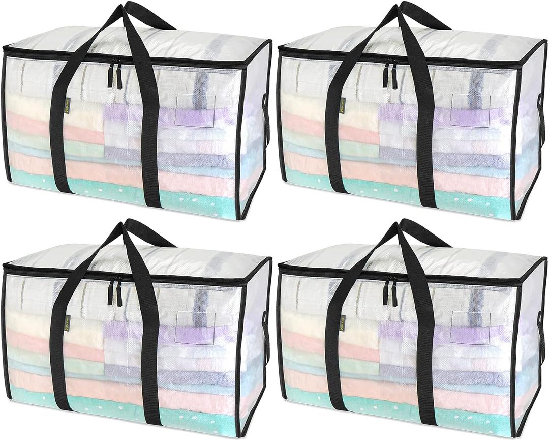 BALEINE 4-Pack Oversized Moving Bags with Reinforced Handles, Heavy-Duty Storage Tote for Clothes, Moving Supplies (Clear, 4-Pack)